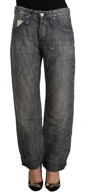 Chic Gray Straight Cut Ramie-cotton Jeans Trendy Paperbag Waist Jeans