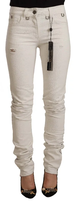 Chic White Mid-waist Slim Fit Jeans Casual Distressed Denim Jeans