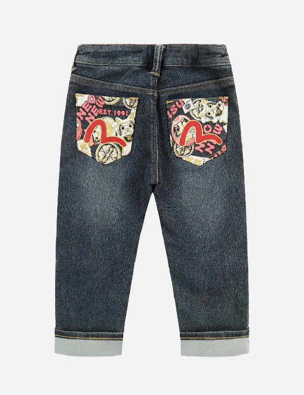 Daruma Buddies Print Pocket Jeans Comfortable Folded Hem Jeans