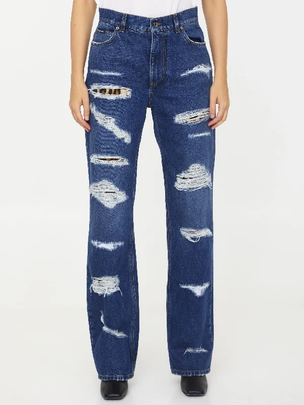 Distressed Jeans With Leo Print Elegant Skinny Leg Jeans