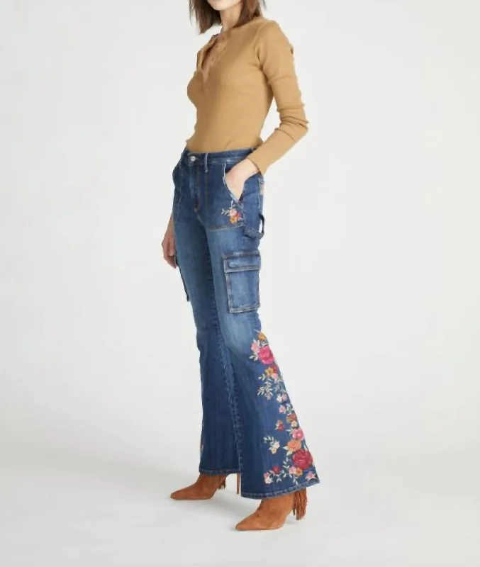 Farrah Cargo X Wine Plantation Jean In Blue Fashionable Raw Hem Bootcut Jeans