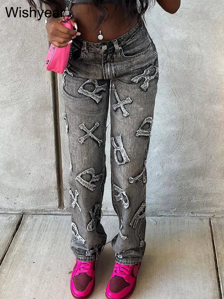 High Waist Letter Ripped Jeans Fashion Women Winter Straight Trousers Comfortable Stretch Denim Jeans High Waist Letter Ripped Jeans Fashion Women Winter Straight Trousers Comfortable Stretch Denim Jeans