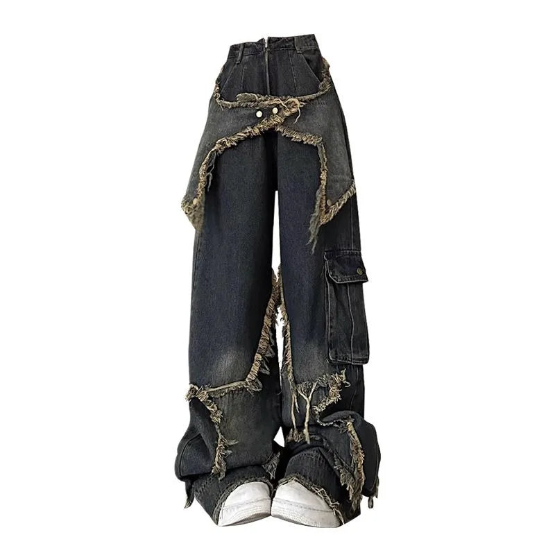 American Retro Washed Wide-Leg Star Patch Jeans Women High Street Y2K Fashionable Frayed Hem Denim American Retro Washed Wide-Leg Star Patch Jeans Women High Street Y2K Fashionable Frayed Hem Denim