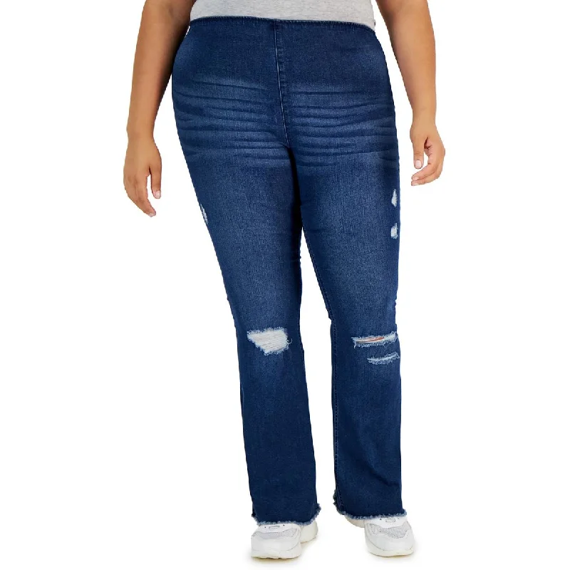 Tinseltown Womens Plus Destroyed Denim Flared Jeans Casual Wide-Legged Denim Jeans