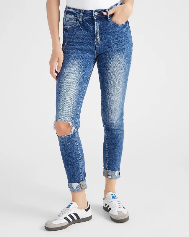 High Rise Cuffed Skinny Jeans Casual Straight-Leg Jeans