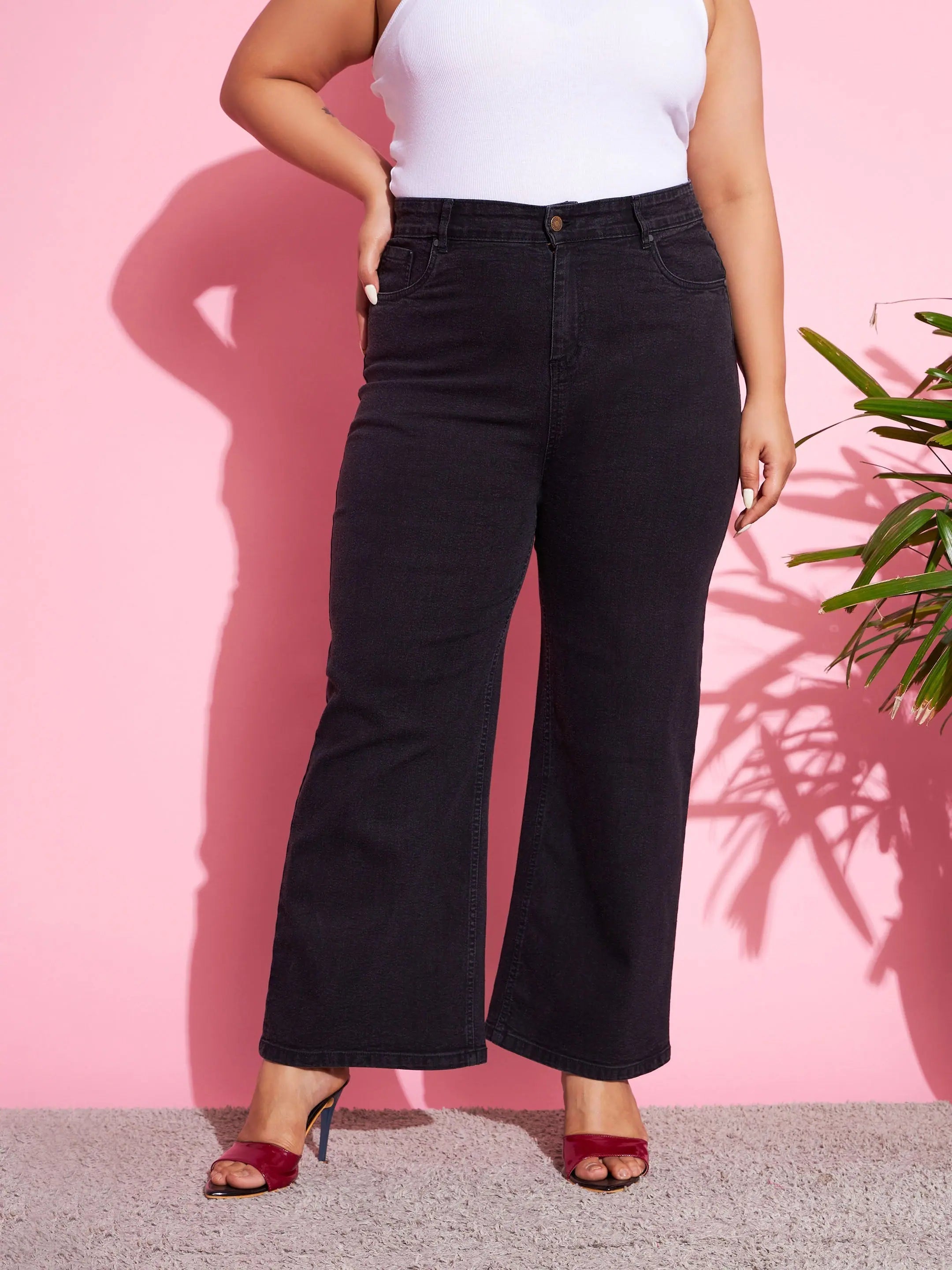 Women Black Acid Wash Denim Bell Bottom Jeans Classic Black Denim Jeans