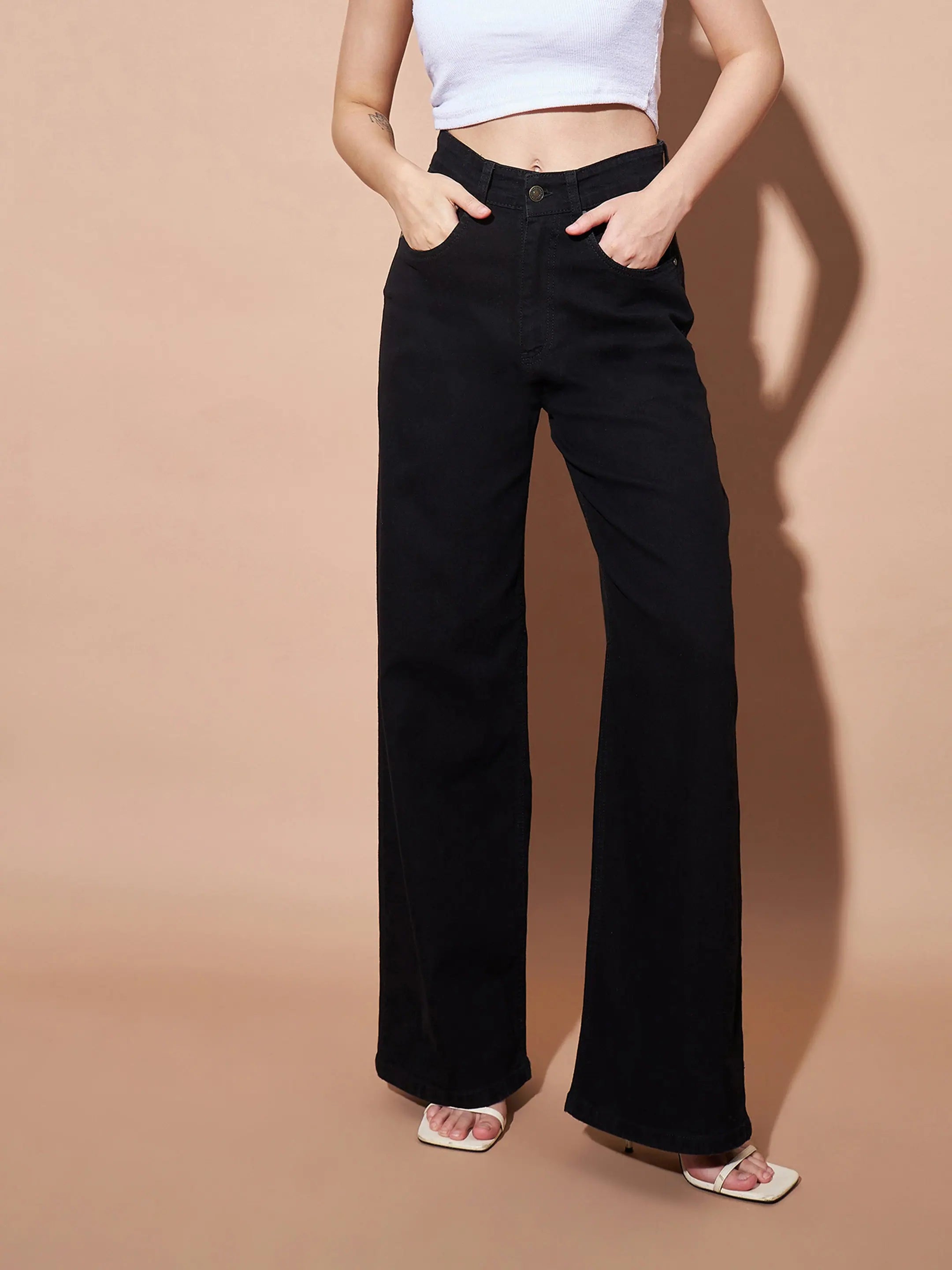 Women Black High Waist Straight Jeans Comfortable Dark Wash Jeans