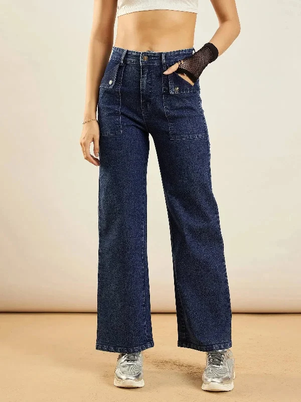 Women Blue Washed Front Pocket Straight Fit Jeans Trendy Wide-Legged High-Waist Jeans Women Blue Washed Front Pocket Straight Fit Jeans Trendy Wide-Legged High-Waist Jeans