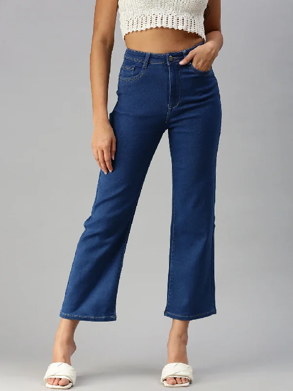 Women Solid Blue Wide Leg Jeans-TRP-7010B-Blue Trendy Skinny Fit Jeans