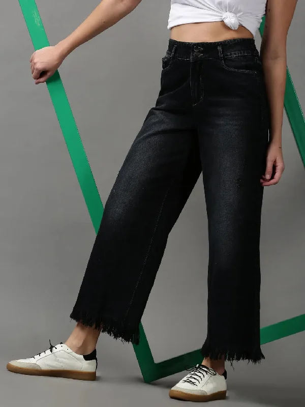 Women's Black Solid Wide Leg Denim Jeans-IM-9772-Black Trendy Low-Rise Bootcut Jeans Women's Black Solid Wide Leg Denim Jeans-IM-9772-Black Trendy Low-Rise Bootcut Jeans