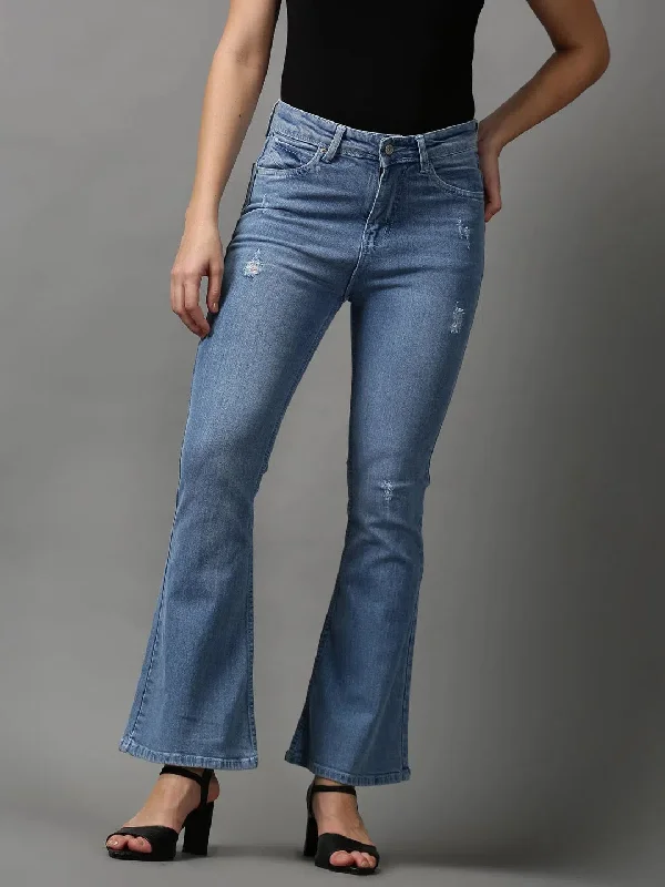 Women's Blue Solid Bootcut Denim Jeans-GZ-5244-2-Blue Chic Vintage-Inspired Denim Jeans