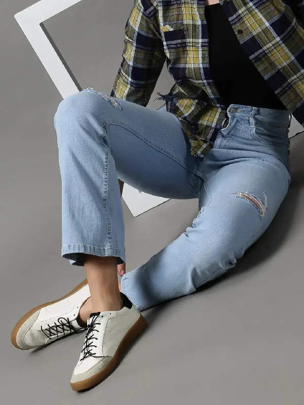 Women's Blue Solid Bootcut Denim Jeans-GZ-5304-1-Blue Elegant Raw Hem Jeans