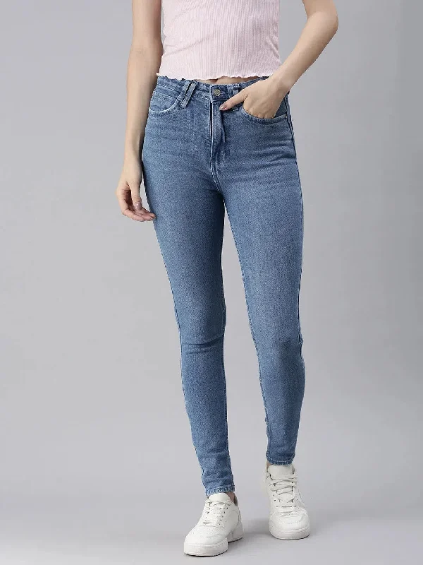Women's Blue Solid Denim Slim Jeans-GZ-5158A-Blue Comfortable Flare Leg Jeans