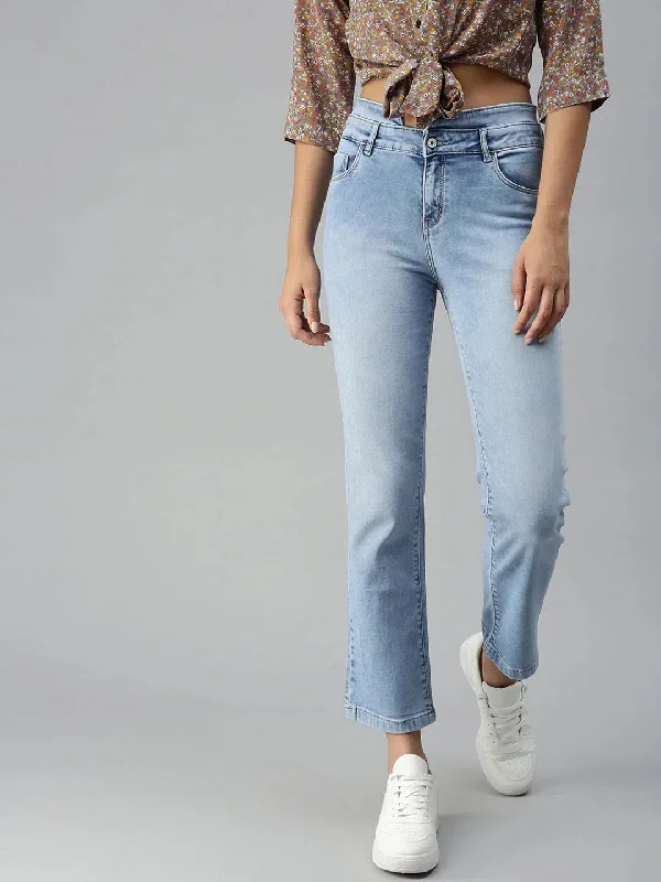Women's Blue Solid Denim Straight Jeans-CR-7797-Blue Chic Double Waistband Jeans