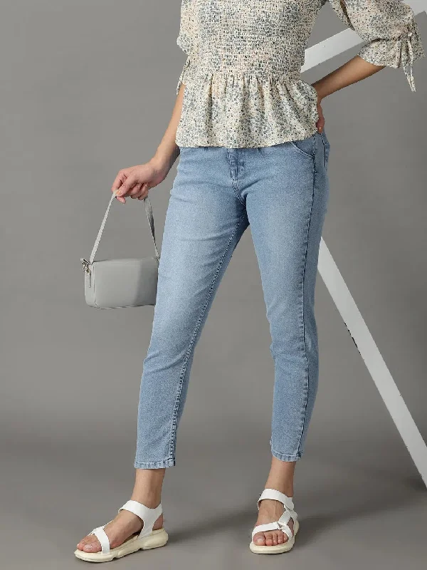 Women's Blue Solid Fit Denim Jeans-GZ-5439-1-Blue Casual Wide-Legged Denim Jeans