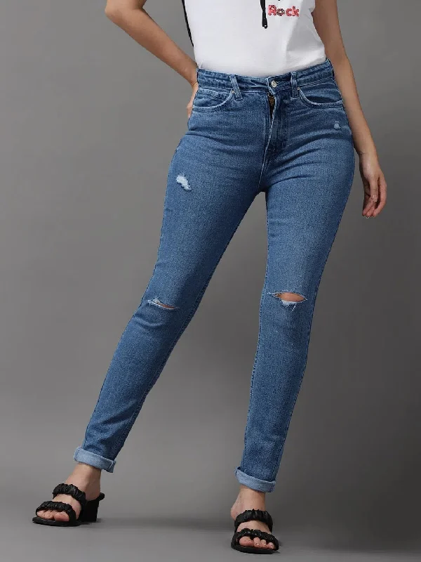Women's Blue Solid Slim Fit Denim Jeans-GZ-5156-1-Blue Casual Skinny Fit Jeans