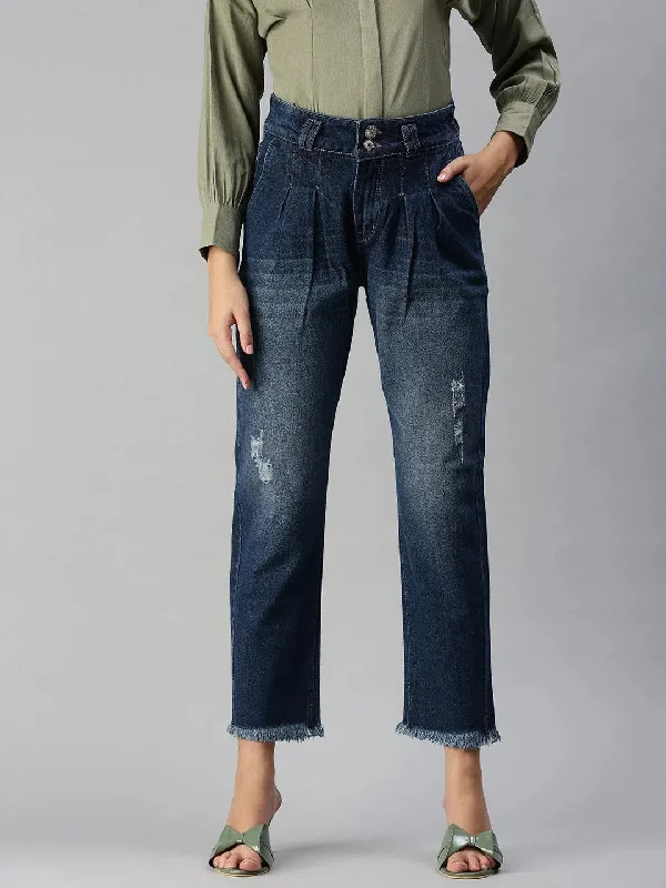 Women's Blue Solid Straight Fit Denim Jeans-IM-9855-Blue Fashionable Distressed Jeans Women's Blue Solid Straight Fit Denim Jeans-IM-9855-Blue Fashionable Distressed Jeans