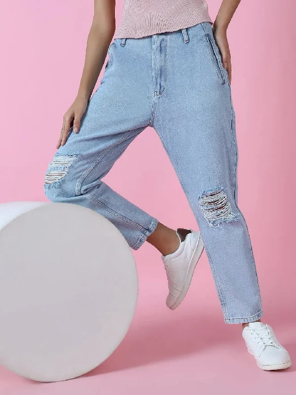 Women's Denim Blue Mom Fit Jeans-GZ5018-Blue Classic Slim Fit Jeans