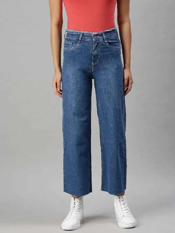 Women's Denim Wide Leg Blue Jeans-TRP4142B-Blue Stylish Slim Fit Denim