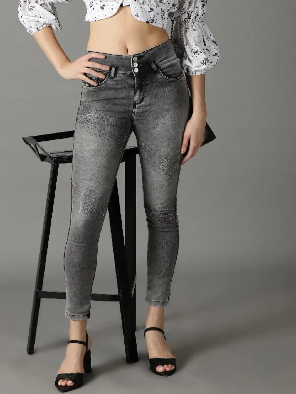 Women's Grey Solid Slim Fit Denim Jeans-LT-018004-3-Grey Fashionable Cropped Denim Jeans