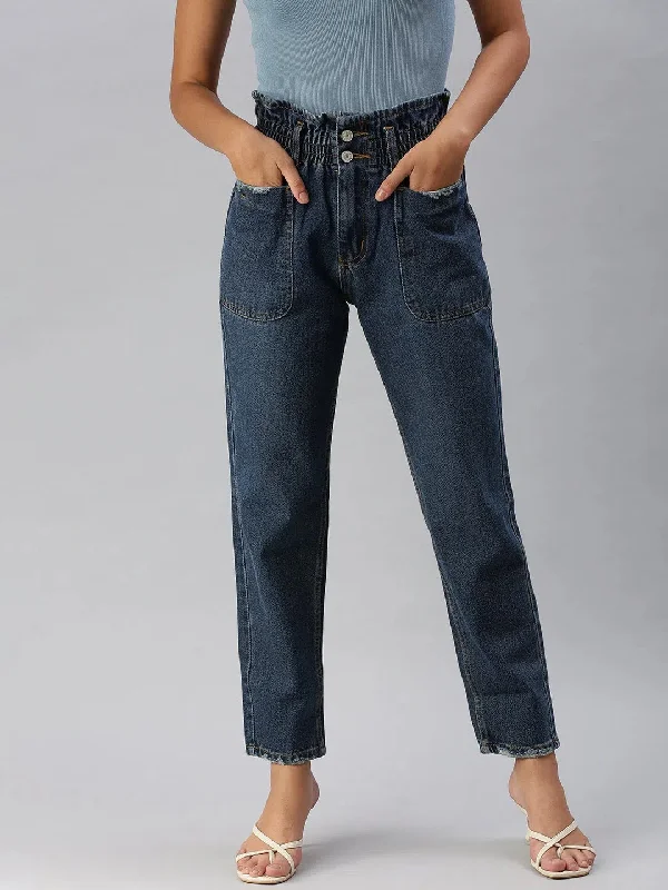 Women's Navy Blue Solid Mom Fit Denim Jeans-GZ-5052-Navyblue Stylish Slim Fit Denim