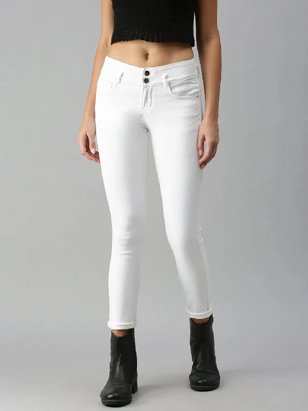 Women's White Solid Denim Skinny Jeans-CR-7782-White Comfortable Distressed Straight-Leg Jeans Women's White Solid Denim Skinny Jeans-CR-7782-White Comfortable Distressed Straight-Leg Jeans