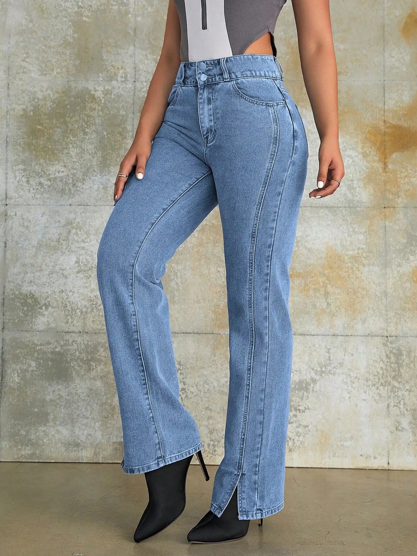 Y2K 2023 Women Fashion Slit Hem Straight Leg Jeans Vintage High Waist Simple Denim Trendy Patchwork Denim Jeans