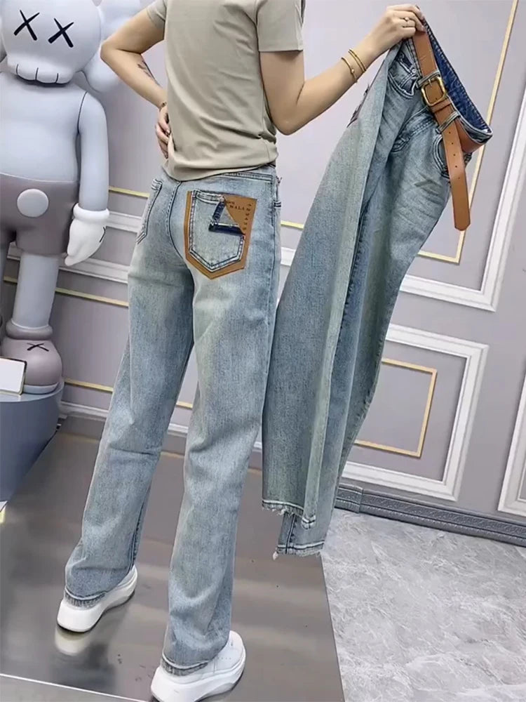 Y2k Large Size Narrow Version Of Straight Leg Jeans Women's Thin Model Elegant Tapered Leg Denim Y2k Large Size Narrow Version Of Straight Leg Jeans Women's Thin Model Elegant Tapered Leg Denim