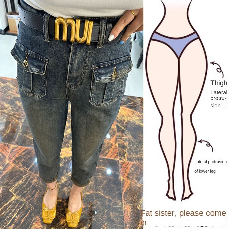 Y2k Women Jeans Large Size Women's European High-waisted Elastic Jeans Fashionable Slouchy Fit Jeans