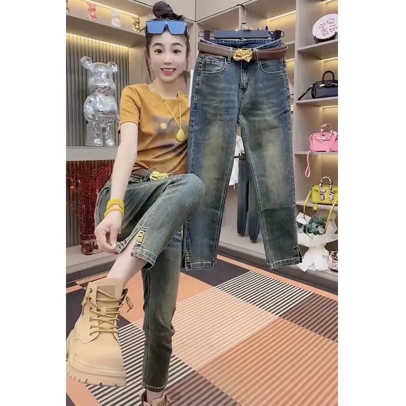 Y2k Women's Jeans Metallic Lettering Embellished Skinny Jeans Trendy Skinny Fit Jeans