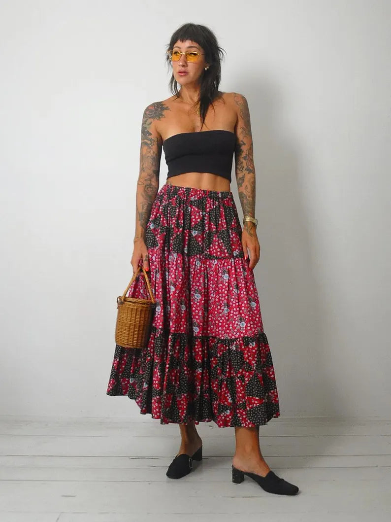 1970's Calico Patchwork Skirt floral skirt print