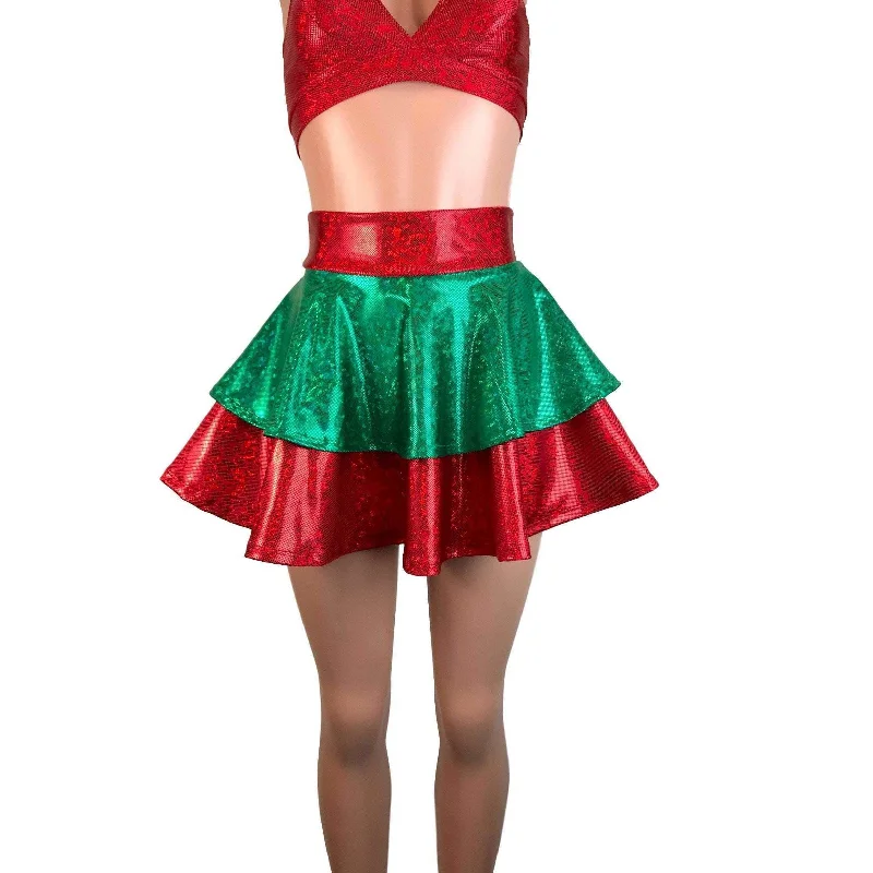 2-Layer Skater Skirt - Elf Holographic Shattered Glass Red and Green chiffon skirt delicate