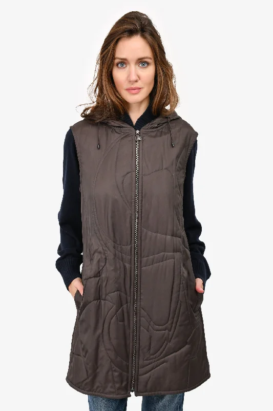 Akris Brown Silk Long Hooded Vest Size 10 Cotton Hoodie Fleece Lining Warmth