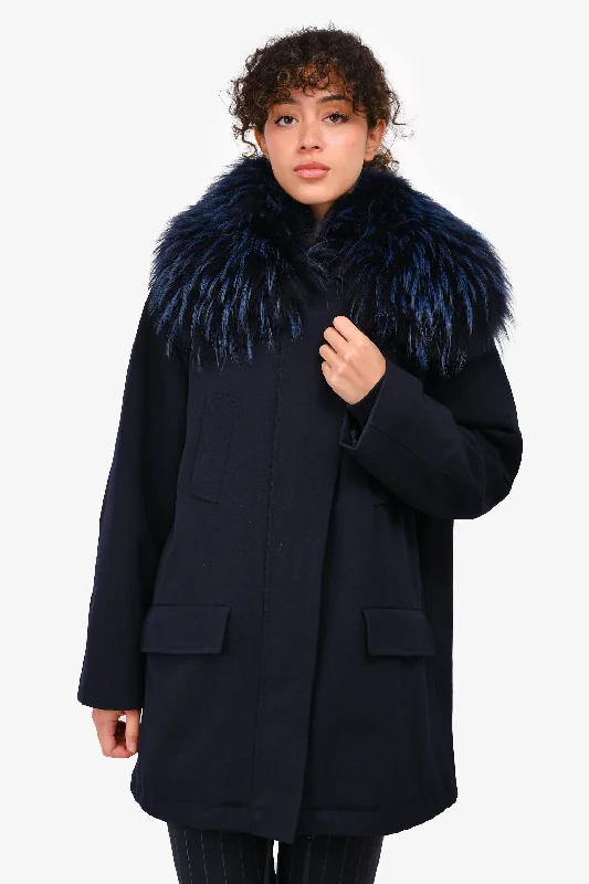 Alberta Ferretti Navy Wool Front Pocket Fur Hooded Coat Size L Hoodie with Elastic Cuffs Stretchable Comfortable