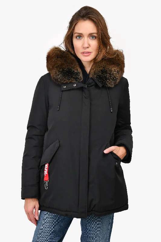Arm By Yves Salomon Black Fox Fur Hooded Zip Up Down Parka Size 38 Hoodie with Drawstring Waist Adjustable Fitted Arm By Yves Salomon Black Fox Fur Hooded Zip Up Down Parka Size 38 Hoodie with Drawstring Waist Adjustable Fitted