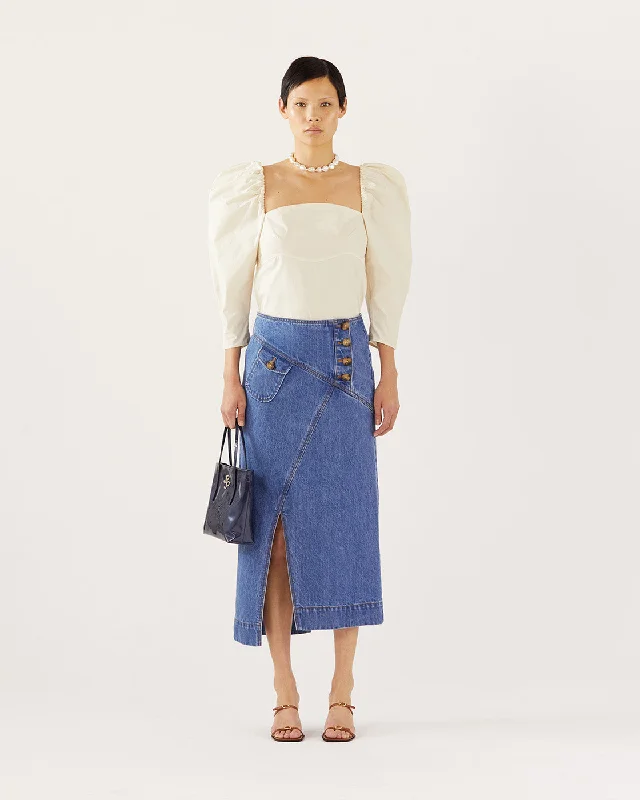 Astrid Skirt Organic Cotton Denim Indigo lace skirt intricate