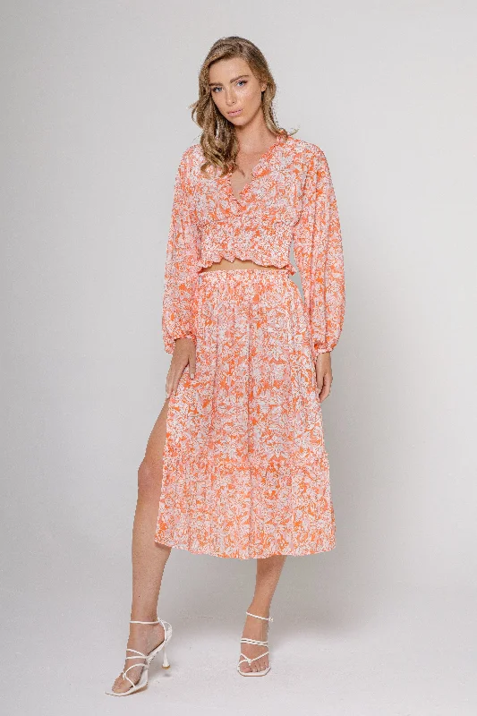 Print Midi Skirt with Slit button skirt front