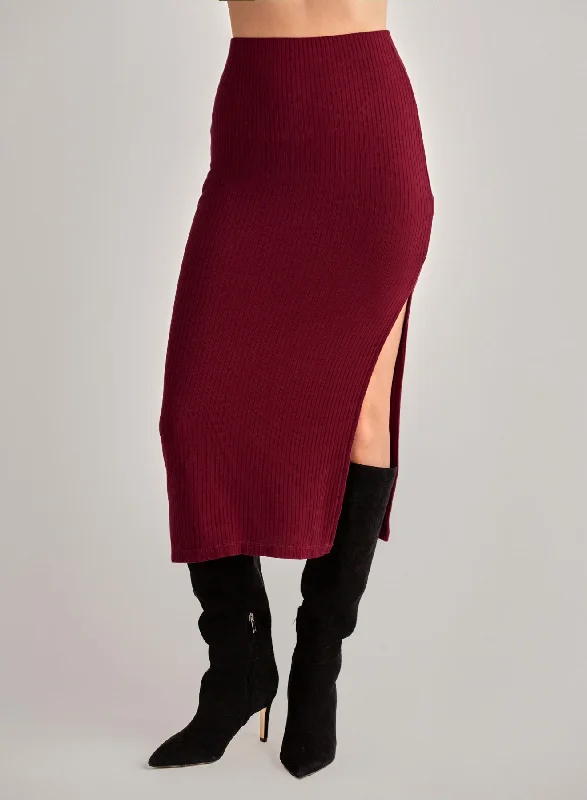 Clean Waist Knit Skirt with Side Slit - Deep Merlot leather skirt durable
