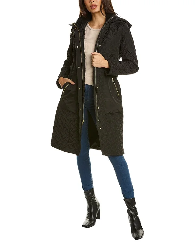 Cole Haan Hooded Long Belted Coat Hoodie with Rolled Sleeves Casual Relaxed