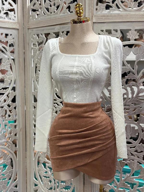 Brown Suede Draped Mini Skirt leather skirt bold