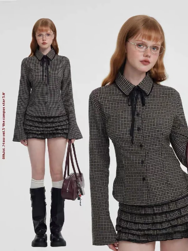[Customizable] 90s Back To School plaid shirt and mini skirt set chiffon skirt delicate