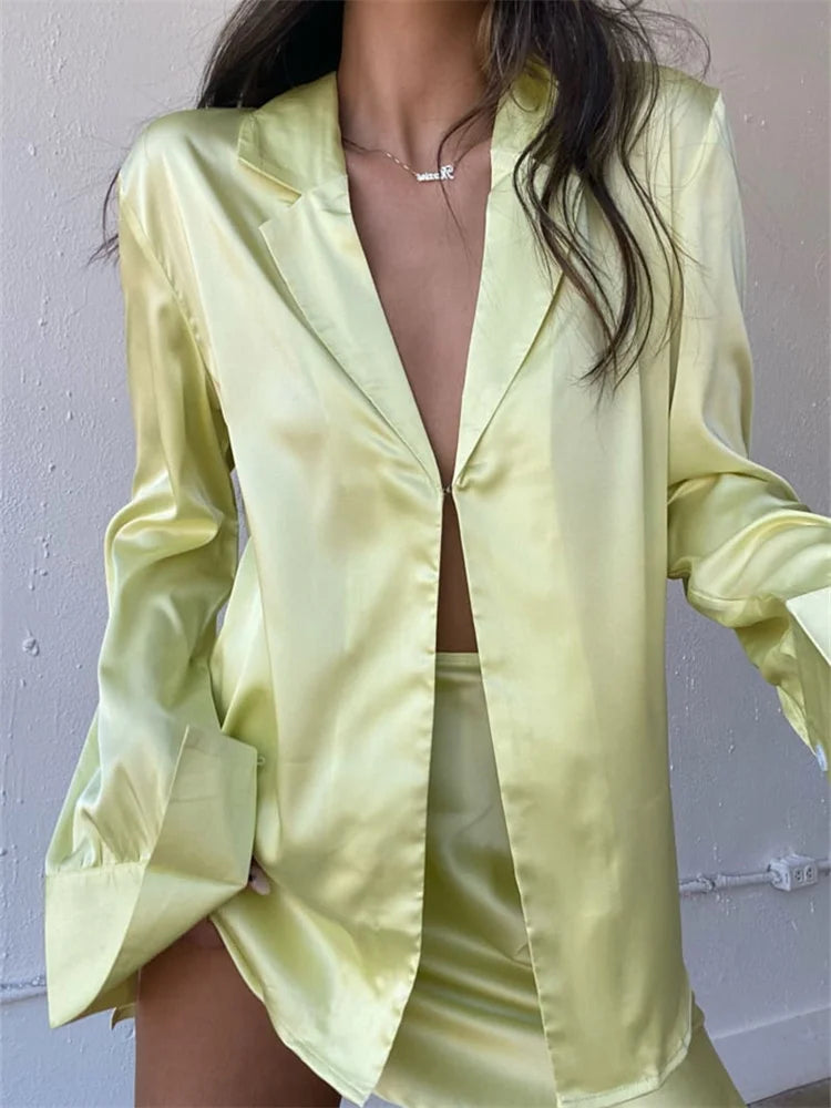 JuliaFashion - Elegant Women Satin 2 Piece Buttons Up Skirt Suits spandex blend skirt