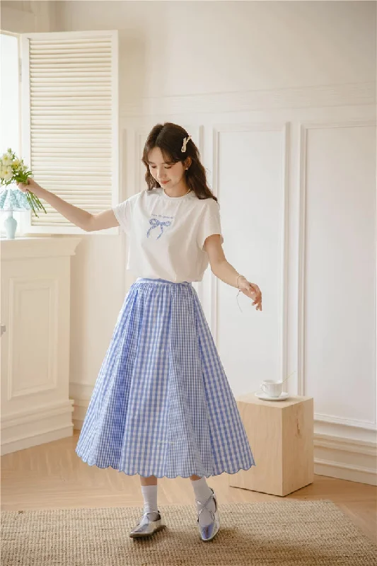 Gingham Scallop Midi Skirt (Blue) leather skirt bold