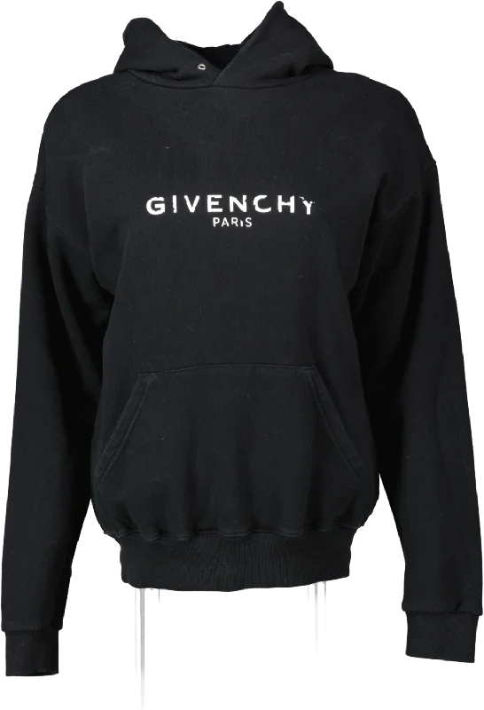 GIvenchy Black Distressed Logo Hooded Sweatshirt UK XS Hoodie Crop Top Short Trendy