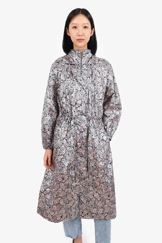 Isabel Marant Silver/Navy Metallic Paisley Print Hooded Coat Size 34 Hoodie with Hem Ribbing Snug Secure