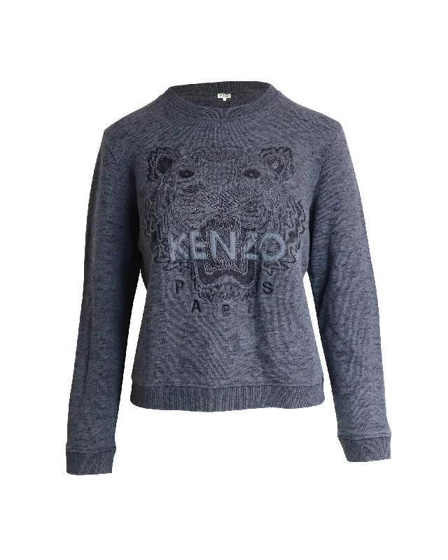 Kenzo Embroidered Tiger Melange Sweatshirt in Grey Cotton Hoodie with Rhinestones Sparkly Elegant Kenzo Embroidered Tiger Melange Sweatshirt in Grey Cotton Hoodie with Rhinestones Sparkly Elegant