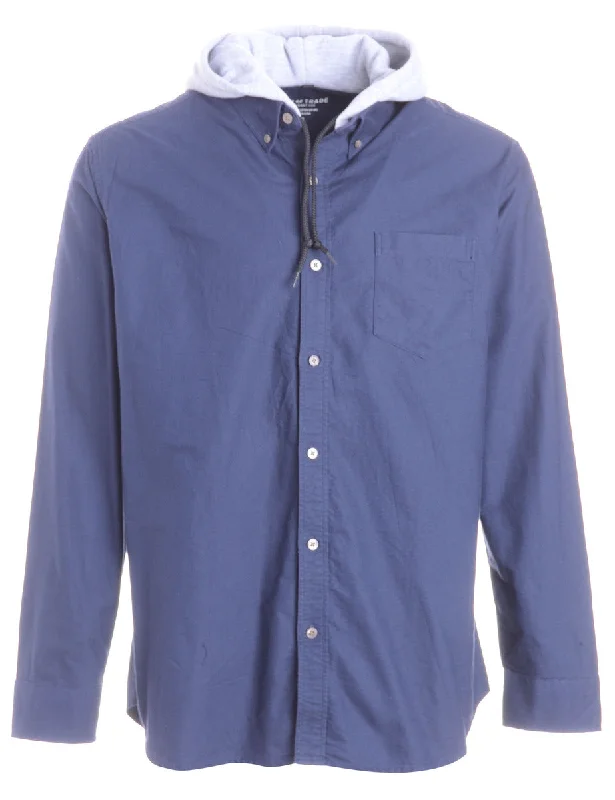 Label Navy Theo Hooded Shirt Hoodie with Mock Neck Collared Structured