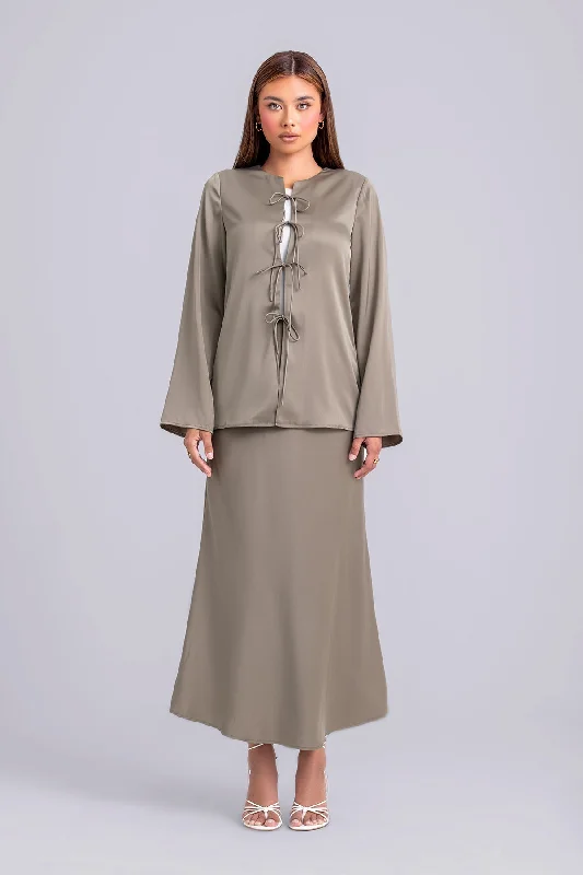Layan Satin Top and Maxi Skirt Set- Moss a-line skirt cut