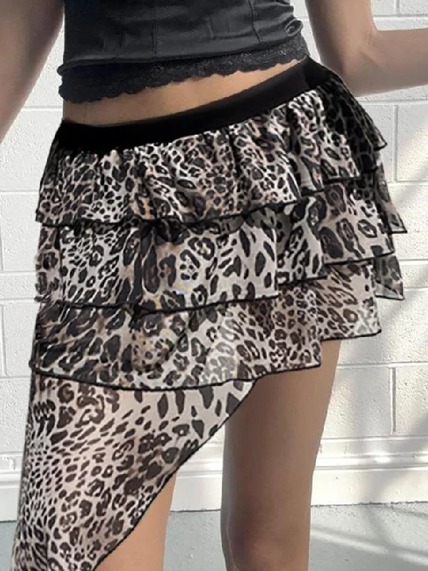 Leopard Print Irregular Ruffle Mini Skirt denim skirt trendy