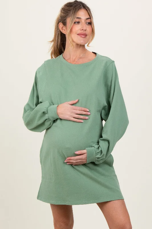 Light Olive Ultra Soft Maternity Sweatshirt Dress Hoodie with High Neck Warm Protective